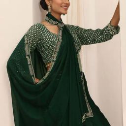 Libas Green Saree with Unstitched Blouse image 4