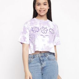 Lil Tomatoes Lil Tomatoes Half Sleeves Crumple Tie & Dye Hawaii Vibes Flower Embroidered Top - Purple-picture-14