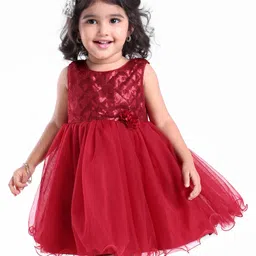 Babyhug Sleeveless Party Frock With Sequin Embroidery & Floral Corsage- Red-picture-20