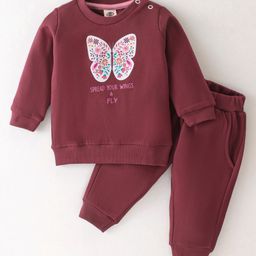 Zero Fleece Full Sleeves Winter Wear Sweat Shirt & Lounge Pant Set Floral Butterfly Print - Maroon-picture-13