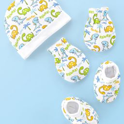 Babyhug Interlock 100% Cotton Knit Cap Mittens & Booties Set Dino Print - White-picture-14