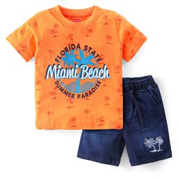Babyhug Single Jersey Knit Half Sleeves T-Shirt & Denim Short Set with Palm Tree Print - Orange & Blue-image-65