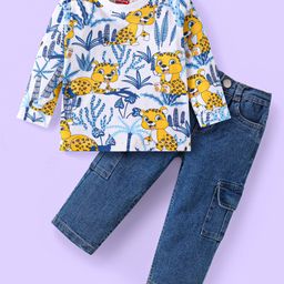 Babyhug Single Jersey Knit Full Sleeves Cheetah Printed T-Shirt & Solid Denim Jeans Set - White & Blue-image-22