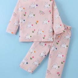 Doreme Single Jersey Knit Full Sleeves Night Suit with Bunny Print - Peach-image-98