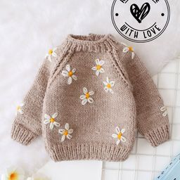 Woonie Full Sleeves Handknitted Daisy Embroidered Sweater - Beige-picture-45