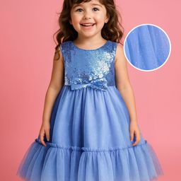 Babyhug Woven Sleeveless Sequined Yoke Mesh Tiered Party Frock with Bow Applique - Blue-image-48