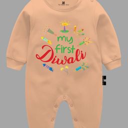 The Peppy Tend Diwali Theme 100% Cotton Full Sleeves My First Diwali Text Printed Romper - Peach-picture-42