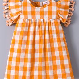 Mark & Mia Cotton Half Flutter Sleeves Checkered Frock - Orange-image-72