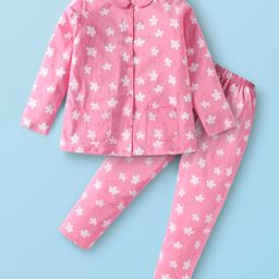 Teddy Sinker Knit Full Sleeves Night Suit with Floral Print - Pink-image-70
