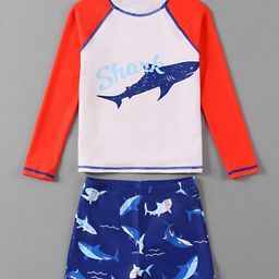 Mark & Mia Full Raglan Sleeves Two Piece Swimsuit With Shark Print - White Orange & Blue-image-57