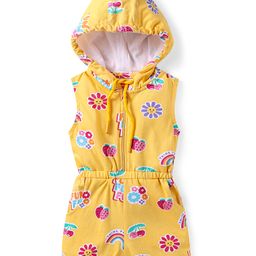 Babyhug Cotton Knit Sleeveless Hooded Jumpsuit with Tropical Theme Print - Yellow-image-42
