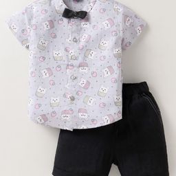 Dapper Dudes Half Sleeves Teddy Printed Shirt With Bow & Shorts - Grey-picture-13