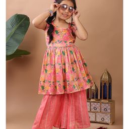 Kinder Kids Cotton Blend One Shoulder Frill Sleeves Floral Kurta & Lurex Sharara Set - Pink-picture-23