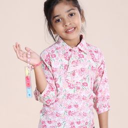Kiddopanti Three Fourth Sleeves Floral Printed Top - White & Pink-image-3