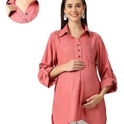 Mom for sure by Ketki Dalal Rayon Woven Three Fourth Sleeves Solid Maternity Top With Front Open Nursing Access - Coral-image-64