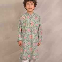 Anthrilo 100% Organic Cotton Full Sleeves Floral Printed Kurta - Green-image-98