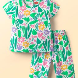 Babyhug Cotton Knit Half Sleeves Capri Co-ord Night Suit With Floral Print - White & Light Green-image-55