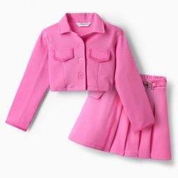 OLLINGTON ST. Waffle Co-Ord Set Full Sleeves Solid Color Top & Skirts - Pink-image-65