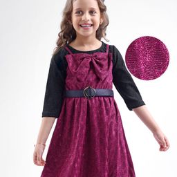 Hola Bonita Knit Shimmer Party Dress with Three Fourth Sleeves Inner Tee Bow Applique & Belt - Maroon & Black-image-13