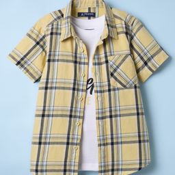 Pine Kids 100% Cotton Half Sleeves Checks Shirt With Text Printed Tank T-Shirt - Yellow & White-image-26