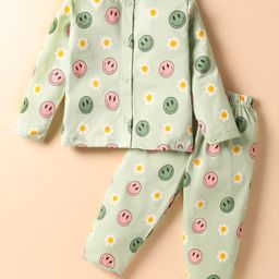 First Smile Sinker Knit Full Sleeves Co-ords Night Suit With Floral Print - Olive Green-image-96