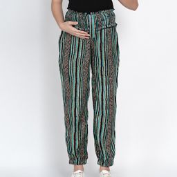 Mine4Nine Rayon Woven Striped & Geometric Printed Maternity Pant - Green-image-93
