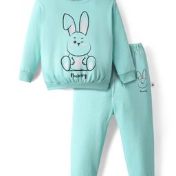 BUMZEE Cotton Knit Full Sleeves Bunny Printed Sweatshirt & Jogger Set - Sea Green-image-87