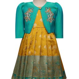 Enfance Banarasi Printed Pleated Pattu Pavdai Dress With Full Sleeves Jacket - Mustard-image-84