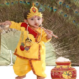 RAJ FANCY DRESSES Woven Janmasthami Theme Full Sleeves Placket Lace Detailed Lord Krishna Costume Set - Yellow-image-91