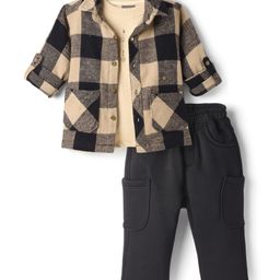 Little Kangaroos Knit Full Sleeves Checkered Shirt & Trouser Set with Inner Tee - Black-picture-4