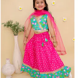 Junitos Cotton Woven Half Sleeveless Floral Printed & Gota Lace Embellished Lehenga Choli With Dupatta Set - Pink-picture-2