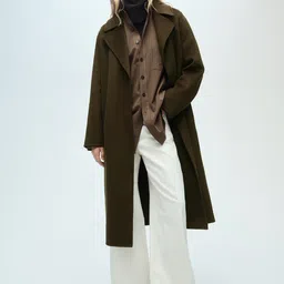 MANGO Notched Lapel CollarFront-Open Longline Handmade Overcoat with Belt-25