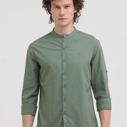 Grit and Flair Men Comfort FitBand Collar Solid Cotton Casual Shirt-image-25
