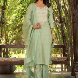 INCHEME Women Ethnic Motifs Embroidered Aari Work Kurta with Trousers & With Dupatta-picture-14