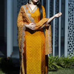 HETVI CREATION Bandhani Printed Sequinned V Neck Kurta With Trousers & Dupatta-7