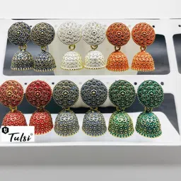 tulsi imitation Set Of 6 Stones Studded & Beads Beaded Dome Shaped Jhumkas-8