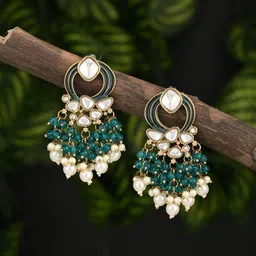 Anvik Gold Plated Kundan Studded & Pearls Beaded Meenakari Contemporary Drop Earrings-picture-43
