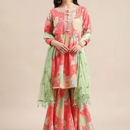 Varanga Floral Printed Empire Mirror Work Anarkali Kurta with Sharara & With Dupatta-9