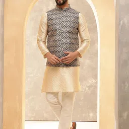 Anouk Beige Woven Design Jacquard Silk Straight Kurta With Pyjamas And Nehru Jacket-77
