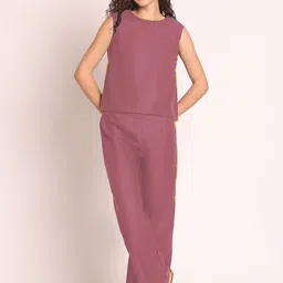 EROTISSCH Women Mauve Linen Round Neck Top With Trousers Co-Ords-picture-23