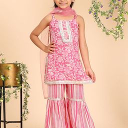 Cutiekins Girls Floral Print Regular Gotta Patti Kurta with Sharara & With Dupatta-image-35
