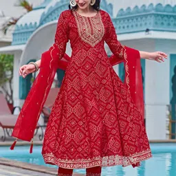KALINI Bandhani Printed Kurta with Trousers & Dupatta-6