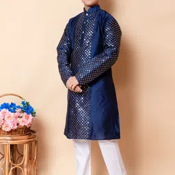 NFC CREATION Boys Embroidered Regular Sequinned Dupion Silk Kurta with Pyjamas image 5