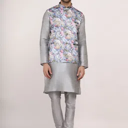 Sadree Self Design Dupion Silk Straight Kurta With Churidar & Floral Nehru Jacket-image-35