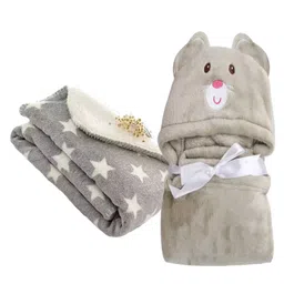 Brandonn Hooded Baby Blanket Star Print Set of 2 - Grey-picture-49