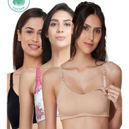 Inner Sense Pack Of 3 Organic Cotton Antimicrobial Rose Printed Nursing Bra - Multi Colour-image-49