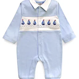 Wonderchild Full Sleeves Sail Boat Embroidered Romper - Blue-image-11