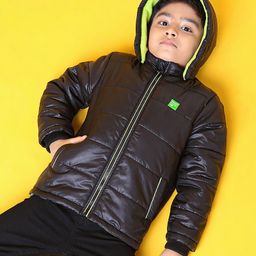 Babyhug Full Sleeves Hooded Quilted Jacket - Black-image-65