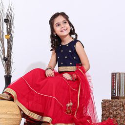 Babyhug Sleeveless Choli Lehenga with Tassels & Ruffled Dupatta Set with Golden Border - Red-picture-0