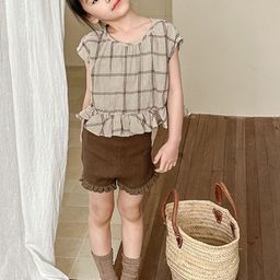 LULU & SKY Kids Girls Checked Round Neck Extended Sleeves Cotton Top-image-63